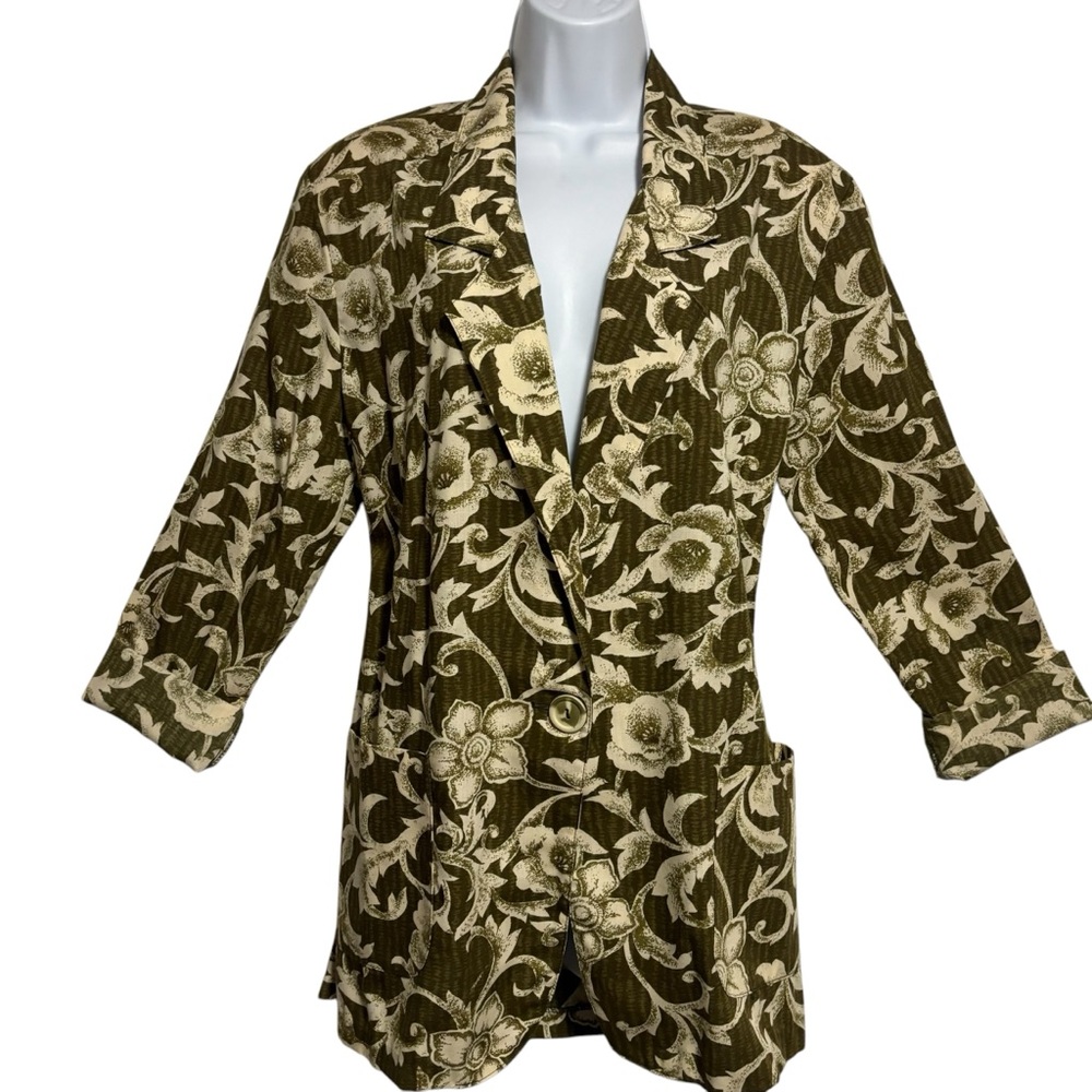 VTG Cristin Stevens Floral 80’s Blazer Green Cream Pockets Shoulder Pads MED EUC